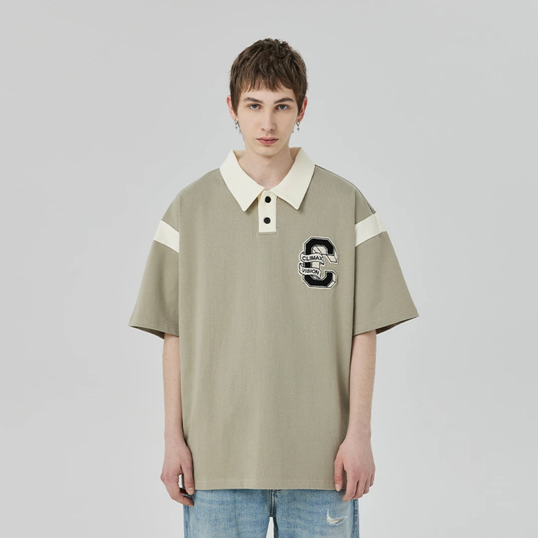 CLIMAX VISION拼色落肩毛巾绣C字POLO衫T恤男美式高街复古上衣tee