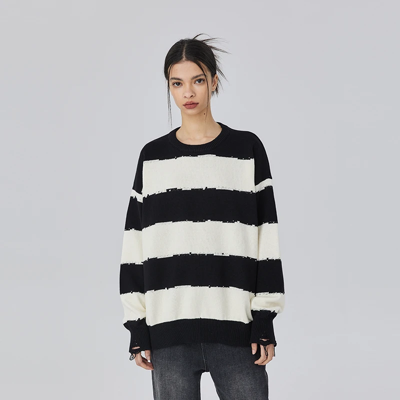 CLIMAX VISION拼色条纹圆领套头破洞毛衣美式复古休闲针织衫潮牌