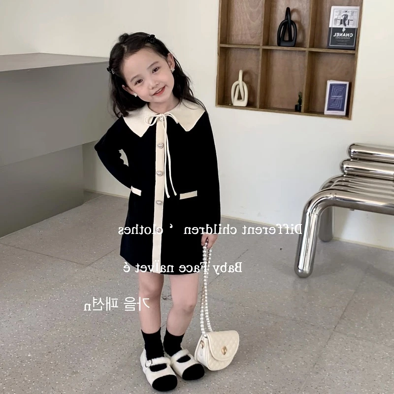 女童针织连衣裙2024春秋新款小香风洋气翻领外套裙儿童气质毛线裙