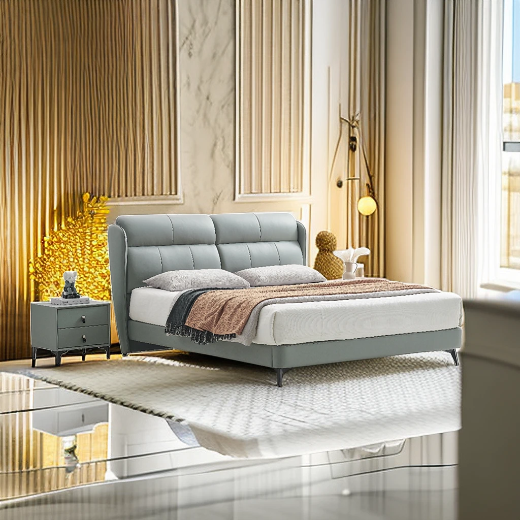 席梦思头层黄牛皮真皮轻奢简约双人主卧意式双人床皮床婚床极简