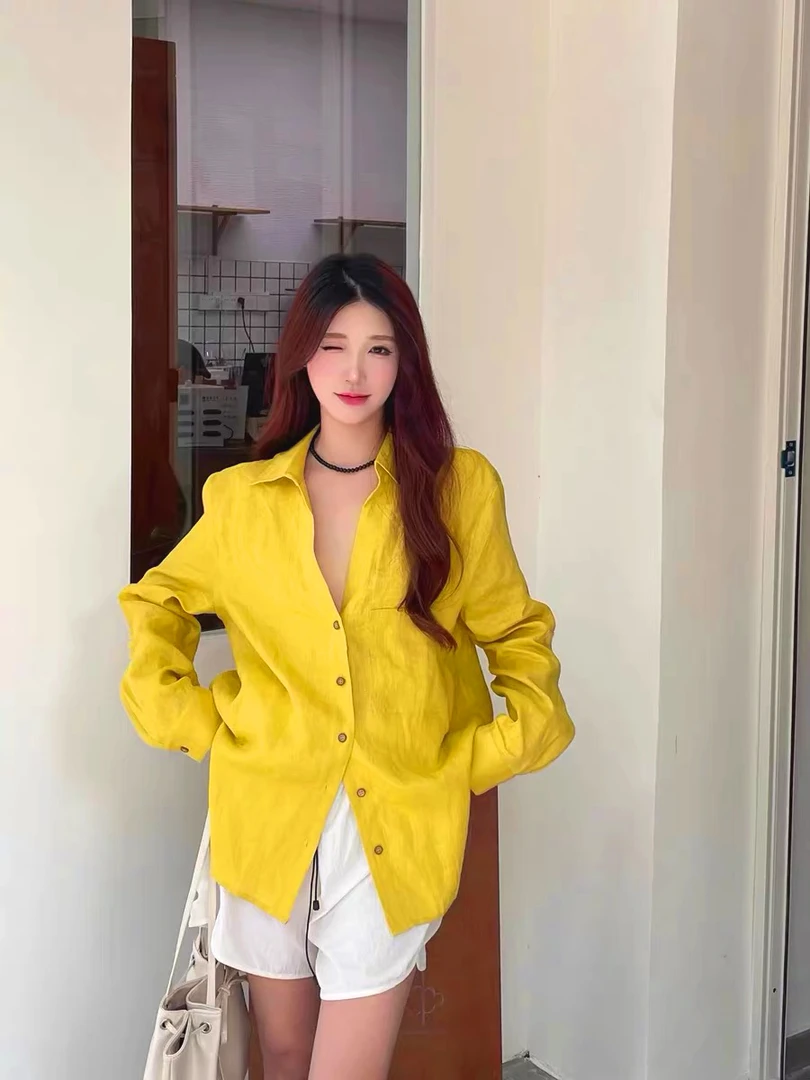 显白天花板 春秋外穿气质显瘦休闲衬衫女 独特小众黄色上衣大码