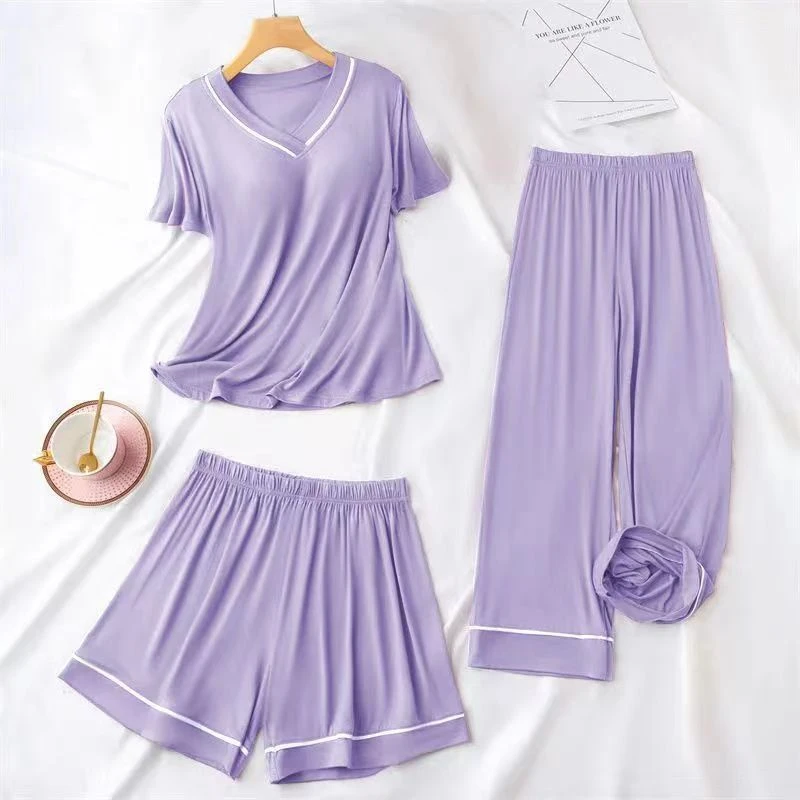 莫代尔带胸垫睡衣女夏季薄款宽松短袖七分裤短裤套装家居服三件套