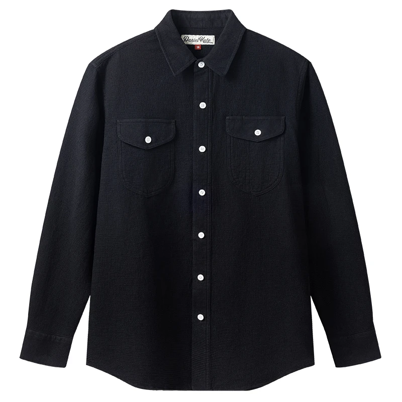 华夫格衬衫尖领长袖吸汗复古春季外套上衣秋冬简约牛仔秋季春秋