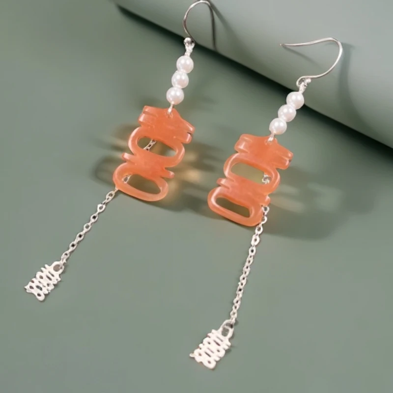 岫玉辽阳红喜字耳饰 纯手工雕刻 复古国风925银配饰