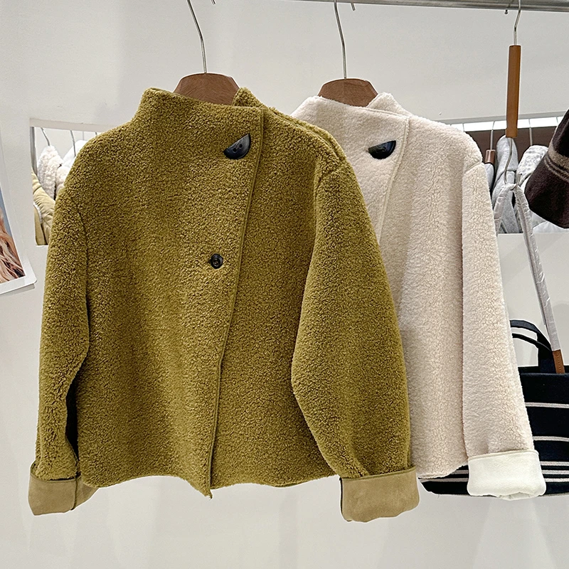 1CoMo 新款百搭时尚休闲秋冬保暖韩版宽松纯色斜扣毛外套030-176