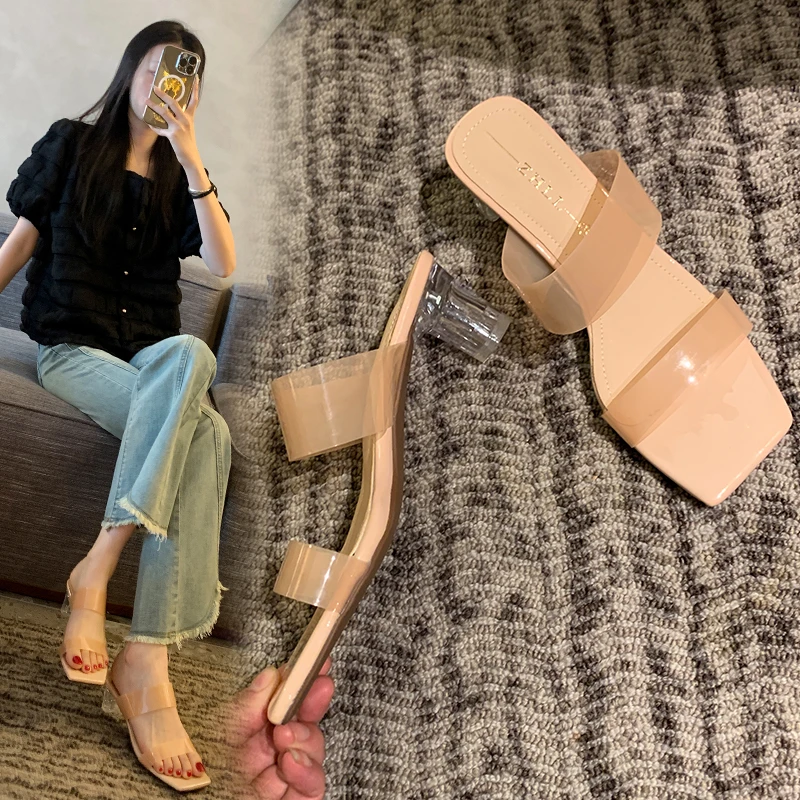 紫幻玲珑加宽大码2024夏季新款时尚方头粗跟露趾透明水晶高跟凉鞋