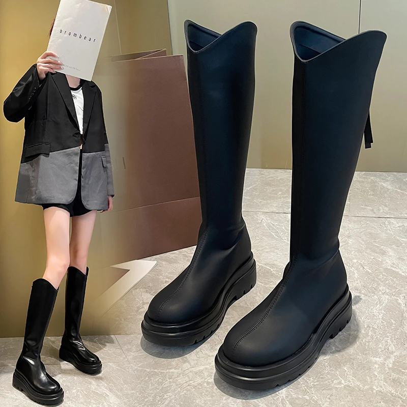 紫幻玲珑百搭时尚圆头秋冬瘦瘦靴厚底高筒靴小个子女靴肥大码长靴