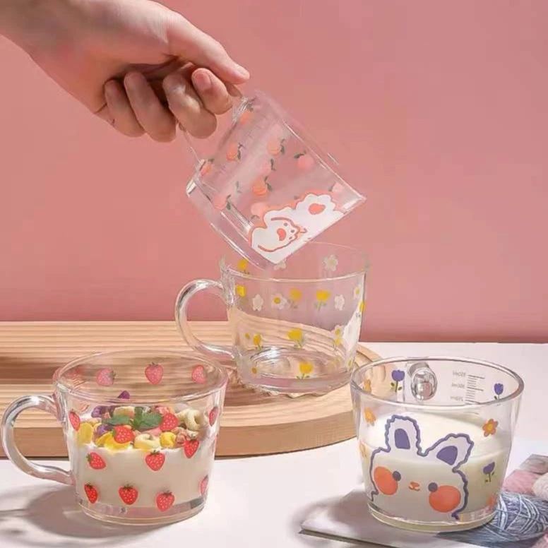 可爱印花玻璃餐杯草莓家用少女心耐热网红透明粉色大容量卡通奶杯