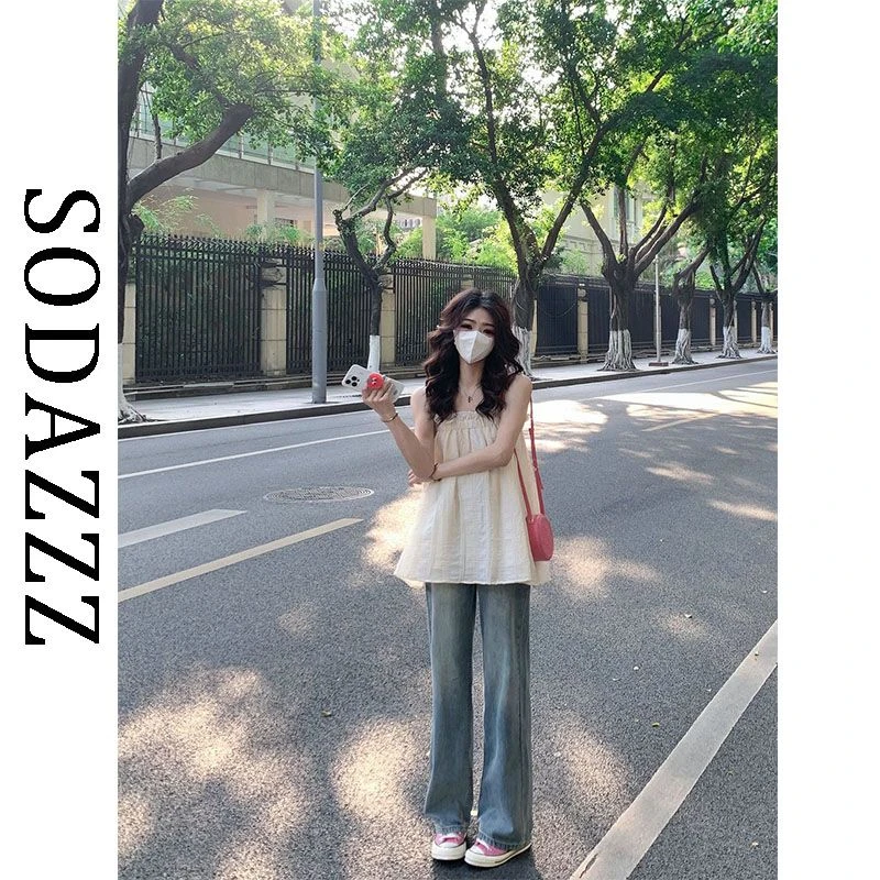 吊带背心女小衫外穿无袖娃娃衫抹胸上衣SODAZZZ法式白色雪纺蓬蓬