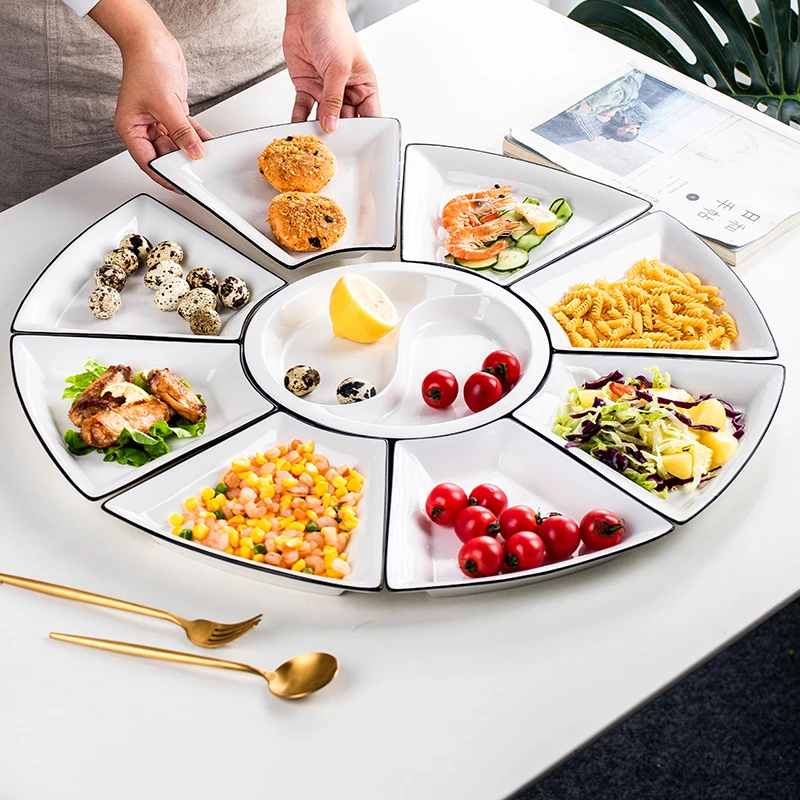 创意火锅家用陶瓷大团圆拼盘创意圆桌餐盘扇形分格盘水果盘圆桌盘