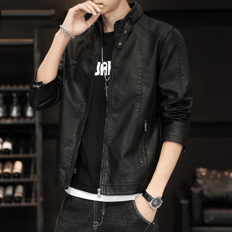 LANDCOE男士皮衣外套春秋季新款机车衣服立领加绒皮夹克韩版修身