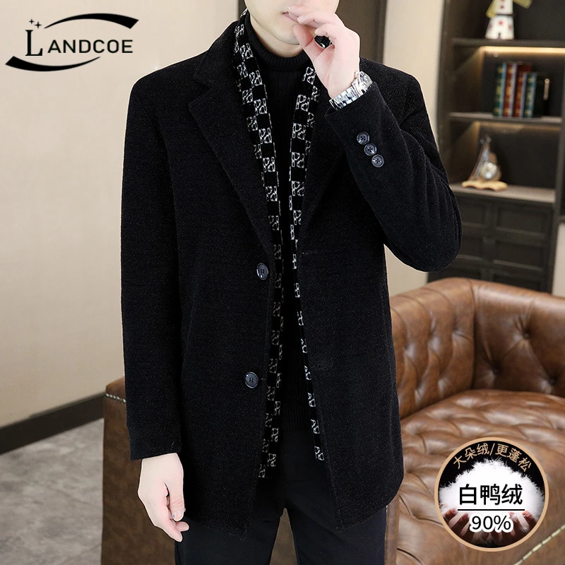 设计感高端羽绒服秋冬季男士条纹风衣中长款中青年白鸭绒毛呢大衣