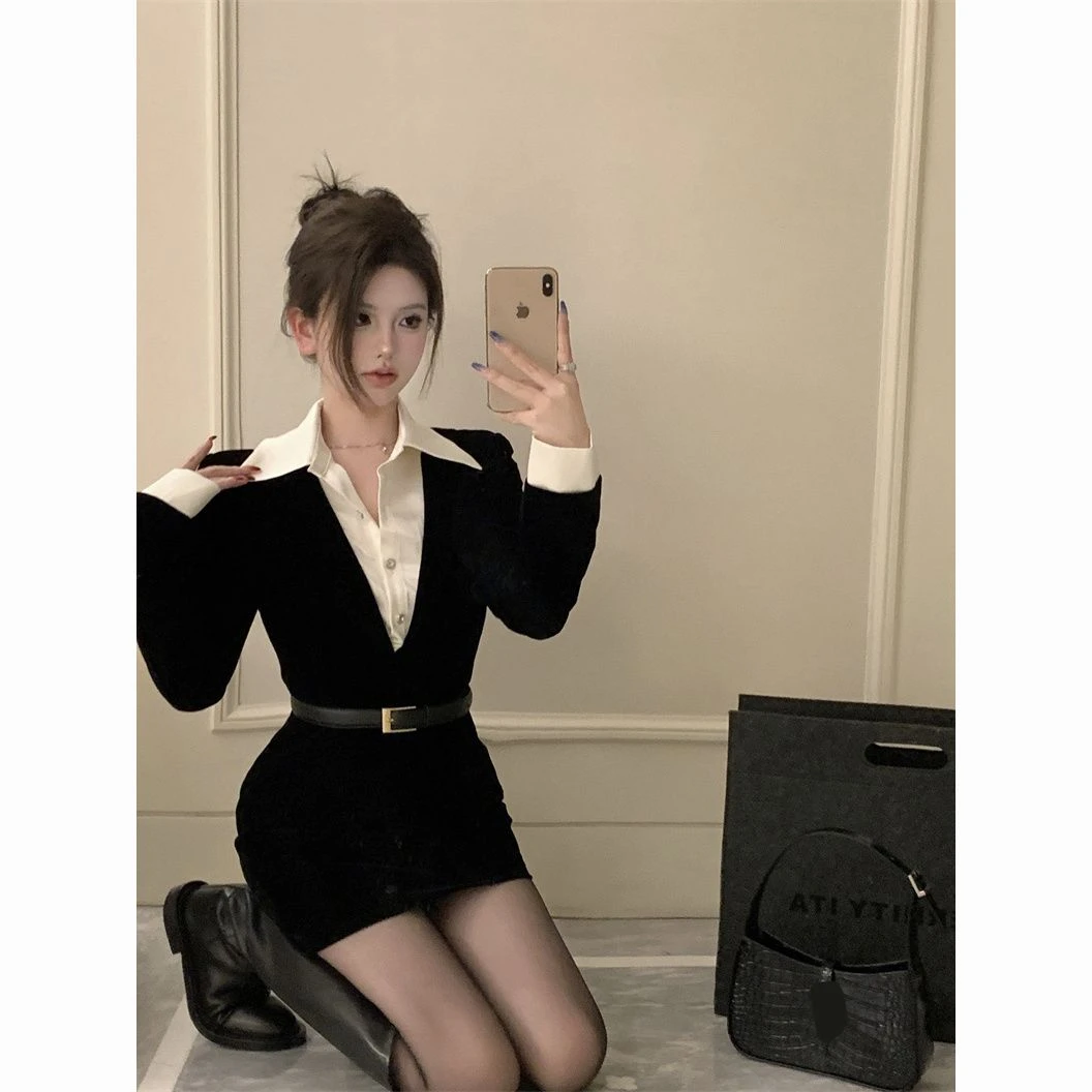 假两件御姐风黑色收腰显瘦秋冬新款纯欲风短裙子辣妹包臀连衣裙女