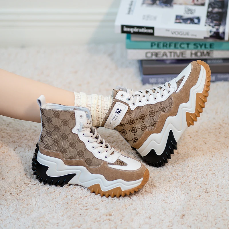 10320 网红老爹鞋女秋季新款2021潮火棕色高帮厚底运动鞋