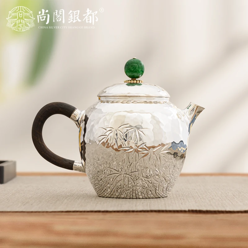 竹报平安 足银泡茶壶纯手工戗錾一张打银小泡壶银壶单壶泡茶茶具3