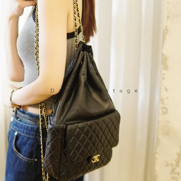 大吉中古/Chanel香奈儿黑金抽绳水桶双肩包