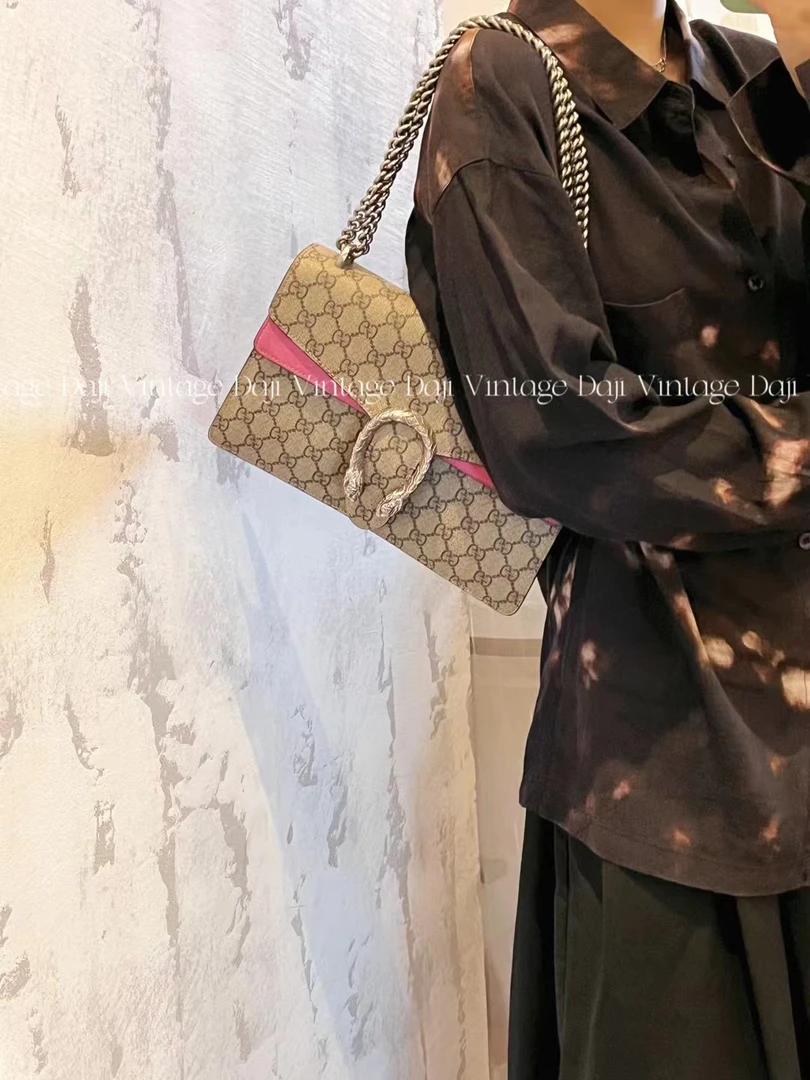 95新 GUCCI/古驰 大吉中古/Gucci古驰玫红酒神中号斜挎包