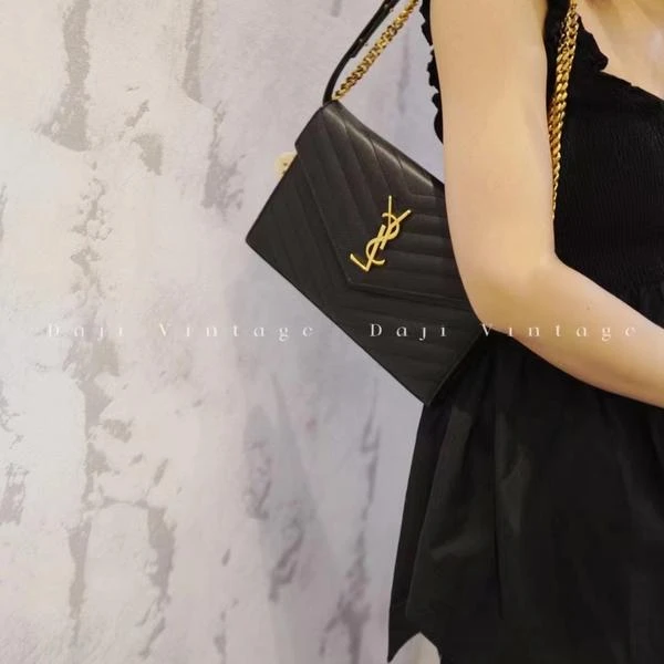 大吉中古/ysl圣罗兰黑金v纹信封斜挎包