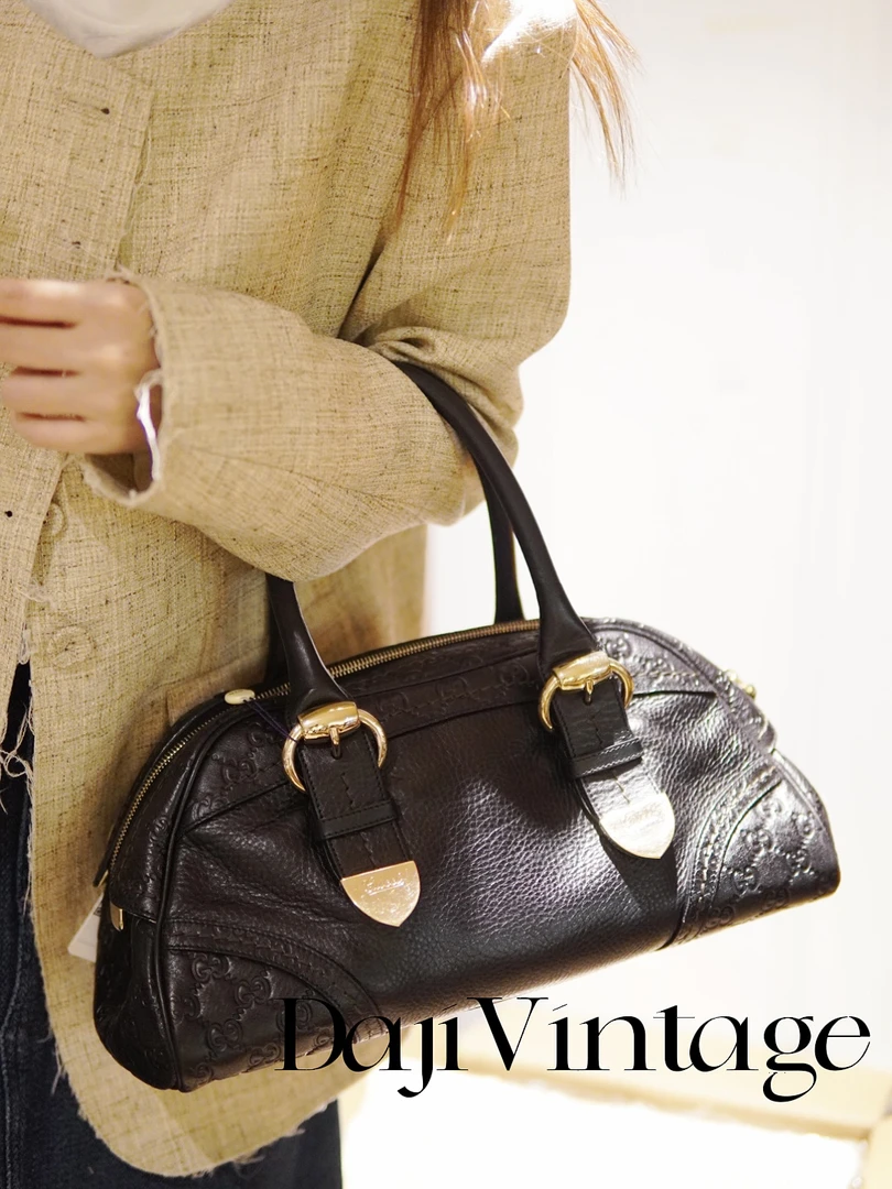 95新 GUCCI/古驰 大吉中古/Gucci古驰黑金保龄球手提包