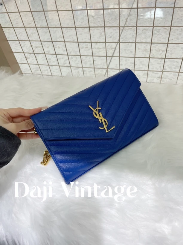 95新  大吉中古/ysl蓝金v纹信封斜挎包