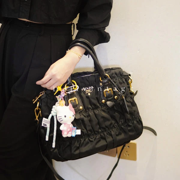 大吉中古/PRADA普拉达黑金褶皱手提斜挎包