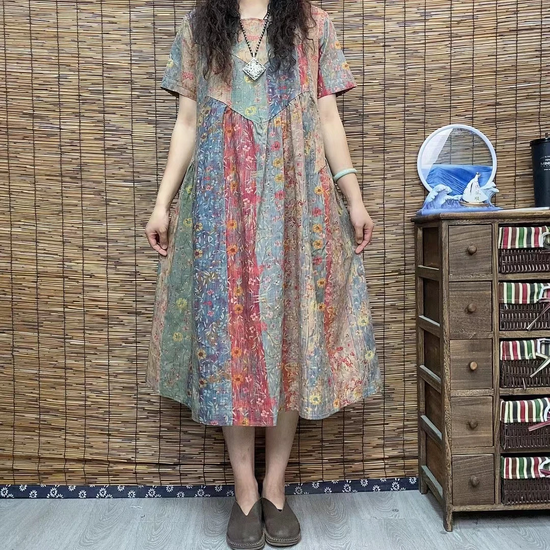 9662新款文艺优雅显瘦气质A字版印花长款大摆连衣裙时尚文艺复古
