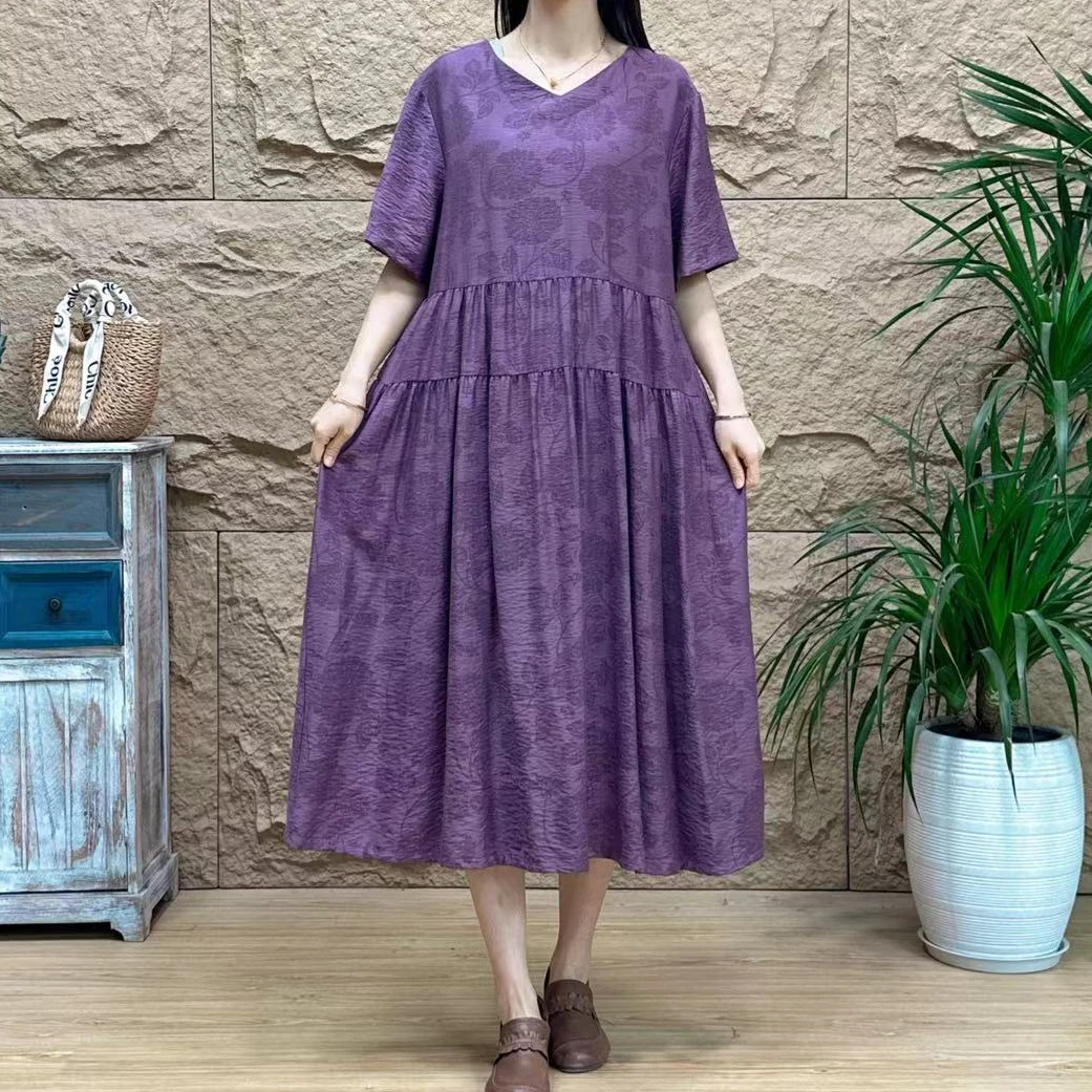 201新款文艺优雅宽松连衣裙时尚A字版印花长款大摆复古连衣裙8560