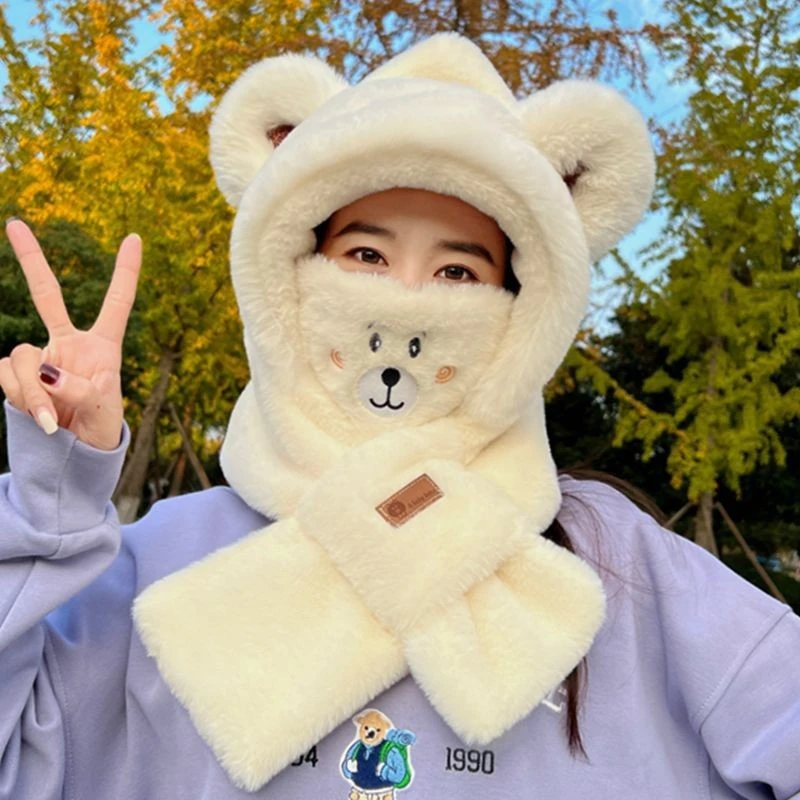 小熊口罩一体帽子围脖围巾女朋友秋冬天2025新款骑车防寒保暖神器