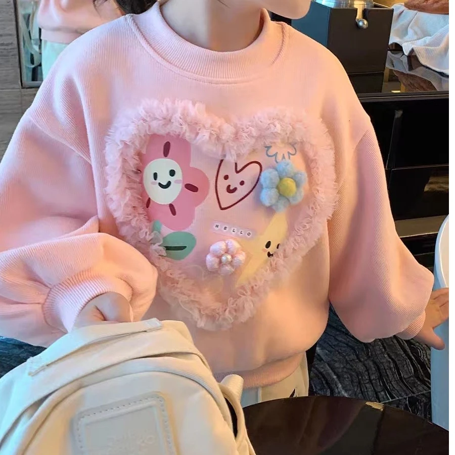 女童宽松圆领韩版儿童洋气宽肩爱心上衣长袖时尚百搭休闲印花ins