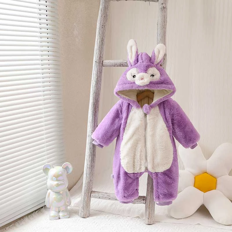 网红冬季新款加厚加绒爬服卡通可爱兔子连体衣婴幼儿休闲连帽哈衣