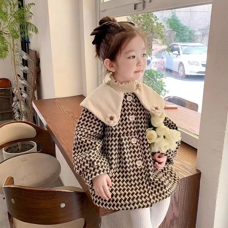 儿童洋气宝宝韩版时尚加厚女宝秋冬加绒千鸟格秋季外套公主格子