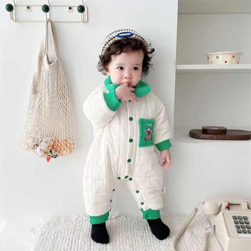 婴儿衣服秋冬装夹棉连体衣新生儿长爬韩版加绒卡通欢乐虎加绒哈衣