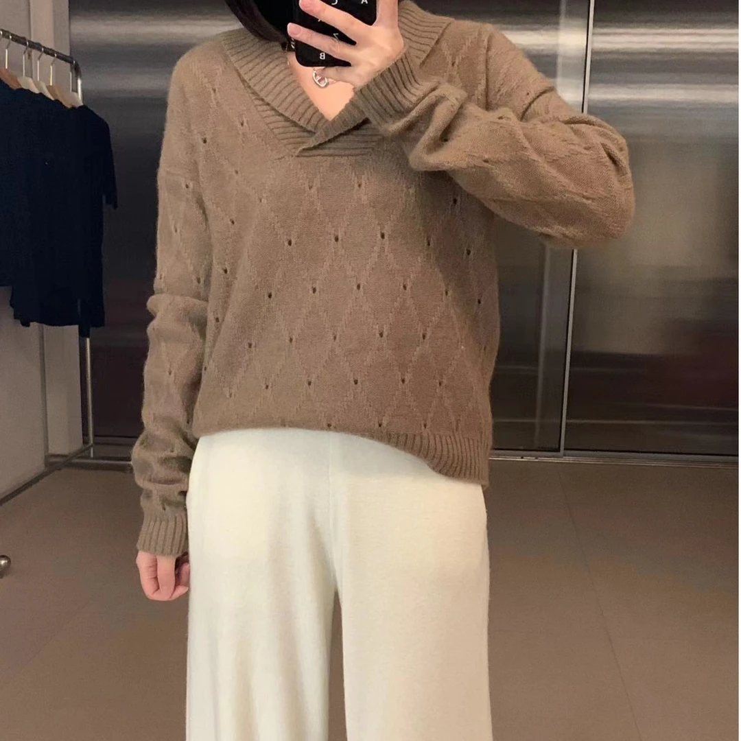 【漪漪私服】V领镂空菱形格100山羊绒套头毛衣百搭时尚
