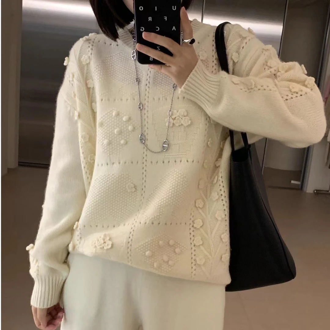 【漪漪私服】重磅手工盘花100山羊绒套头毛衣女