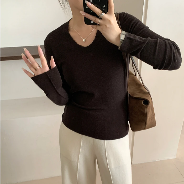 【漪漪私服】U领修身羊毛针织衫女早秋长袖套头内搭外穿打底毛衣