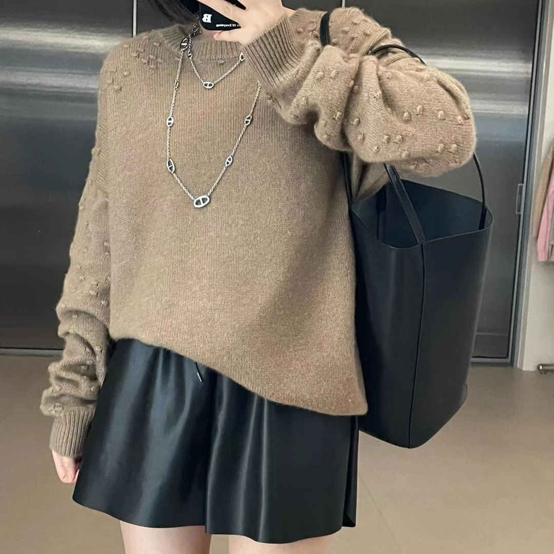 【漪漪私服】圆领加厚款豆豆提花宽松慵懒风显瘦百搭羊绒衫23585