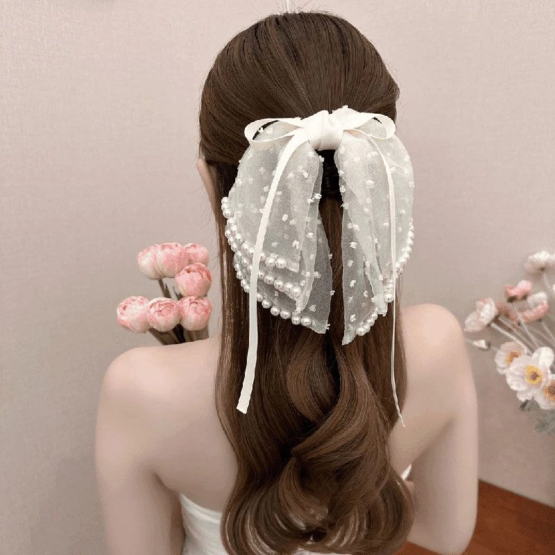超仙小香风抓夹女2024新款复古珠珠多层蝴蝶结小抓夹后脑勺鲨鱼夹