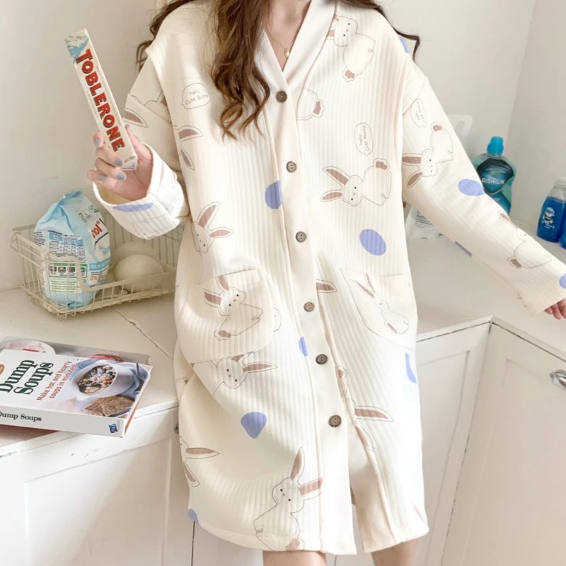 月子服产后哺乳睡裙长袖加厚空气棉秋冬款可外穿10-12月份家居服