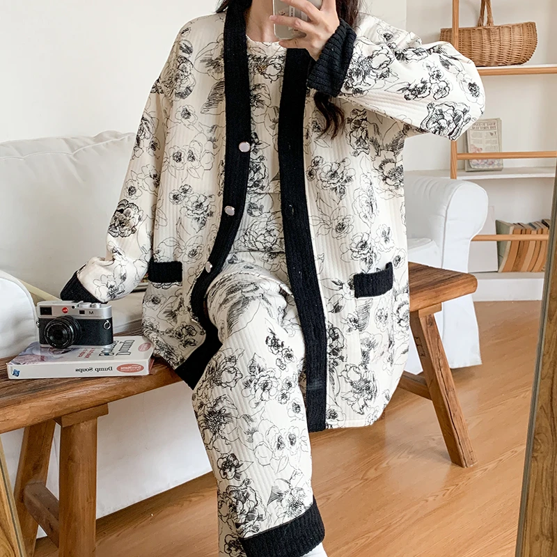 月子服秋冬款产后加厚三件套空气棉孕妇睡衣哺乳冬天怀孕期可外穿