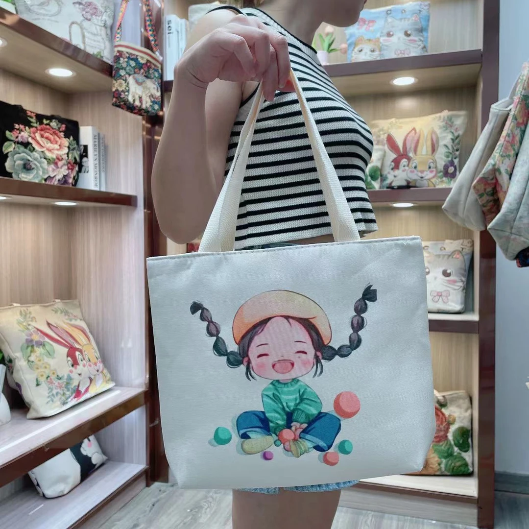 麻花辫可爱女孩帆布刺绣手提包女士上班通勤拉链封口/高23上宽30