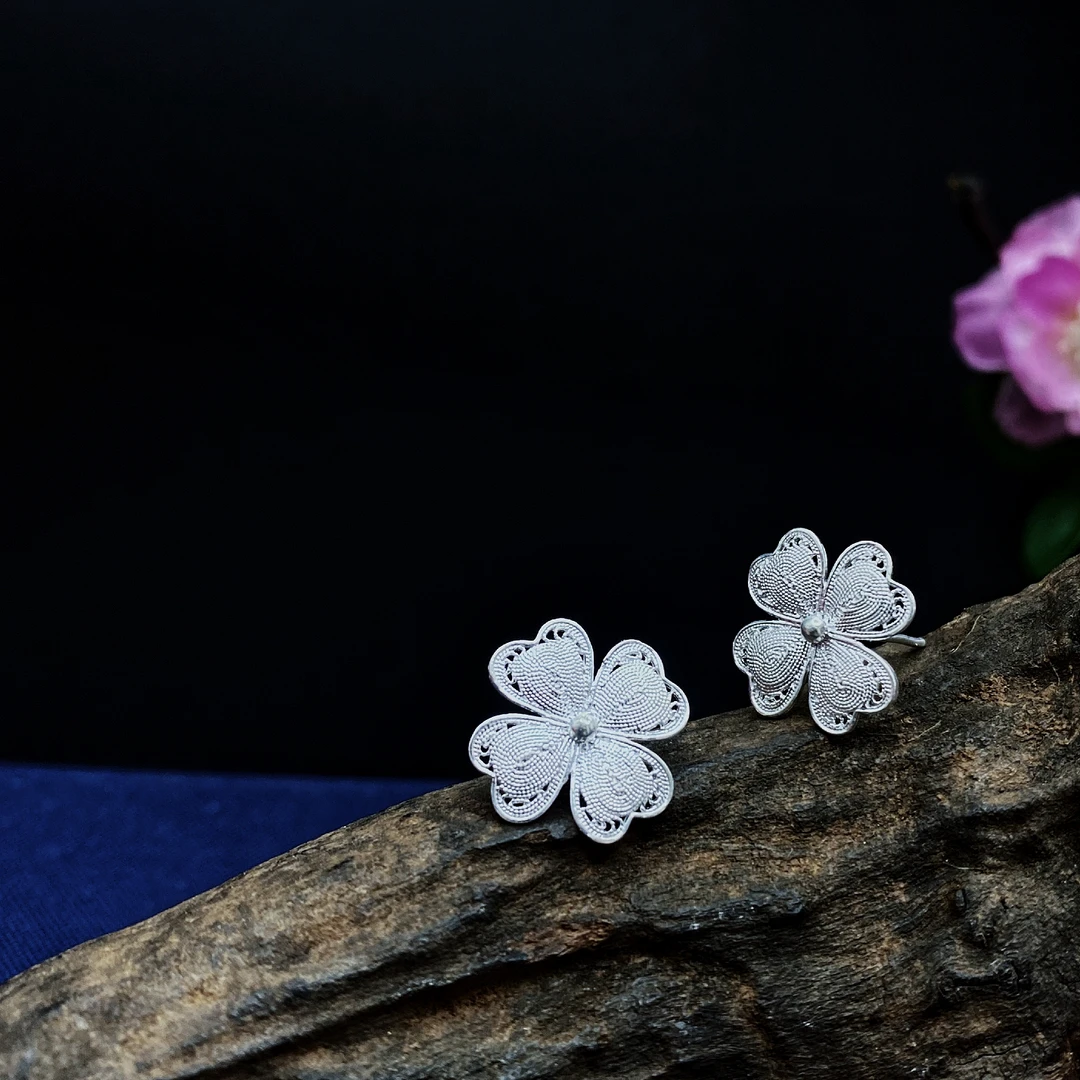 足银耳饰 花丝四叶草耳钉