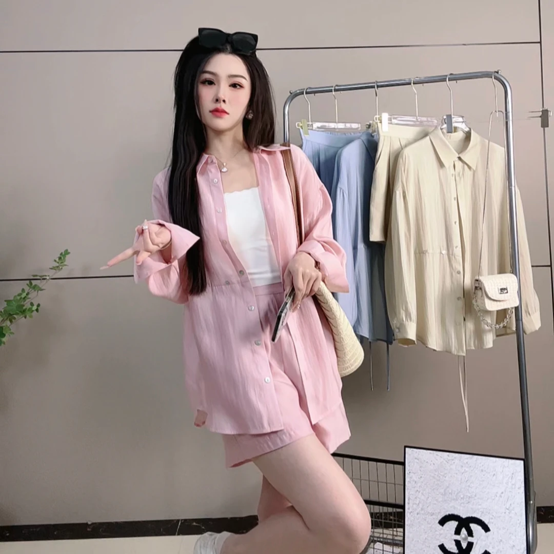 【柒柒】小个子时尚网红短裤套装女防晒衬衫衣夏季新款洋气薄款外套