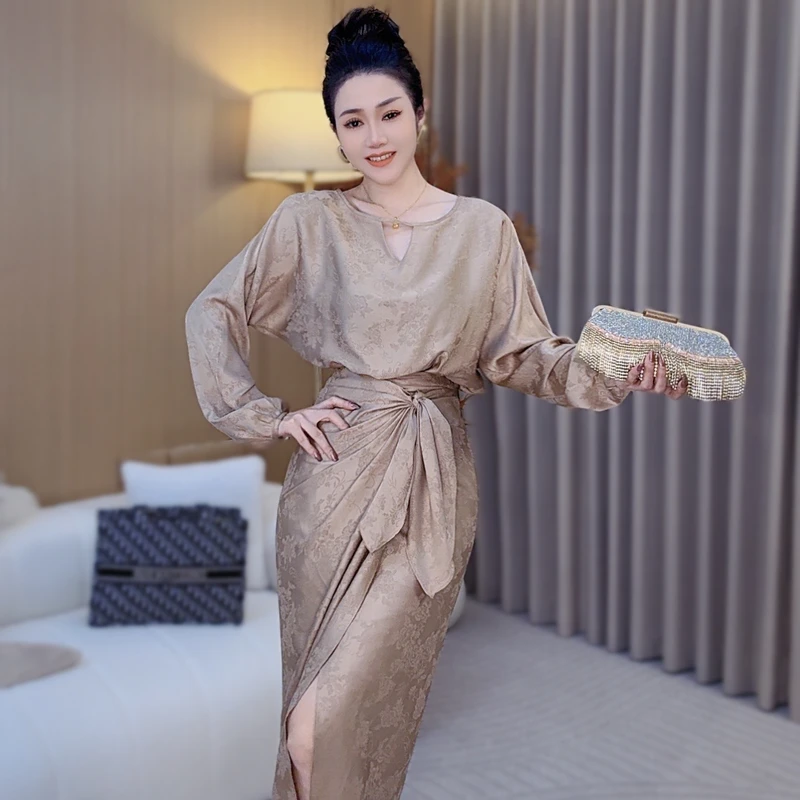 断码清仓提花长袖高定新中式国潮风高端轻奢气质v领宽松连衣裙