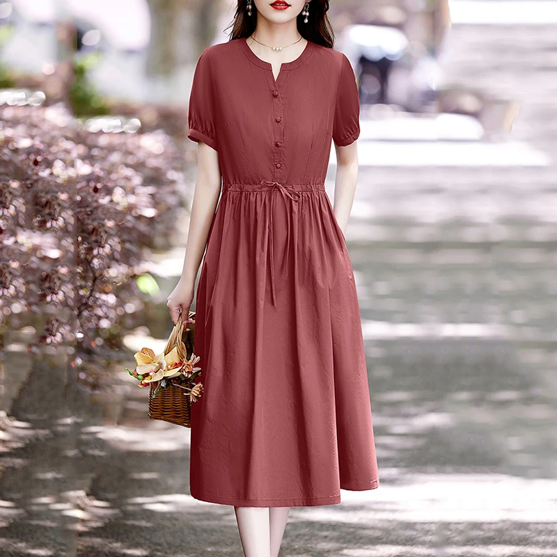 夏季新款宽松连衣裙女中长款收腰显瘦休闲时尚遮肚纯棉A字裙子901