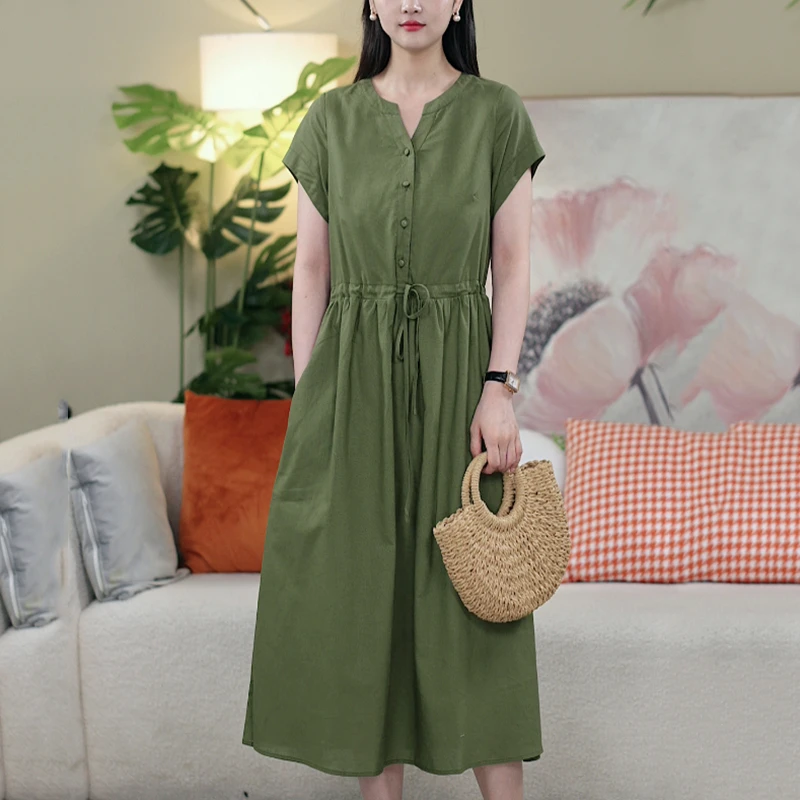 夏季棉麻宽松连衣裙女中长款纯色休闲遮肚洋气显瘦收腰韩版裙716