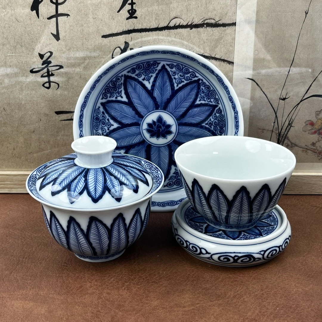 景德镇陶瓷青花芭蕉叶盖碗壶承茶具套组家用高级茶器釉下彩釉下青
