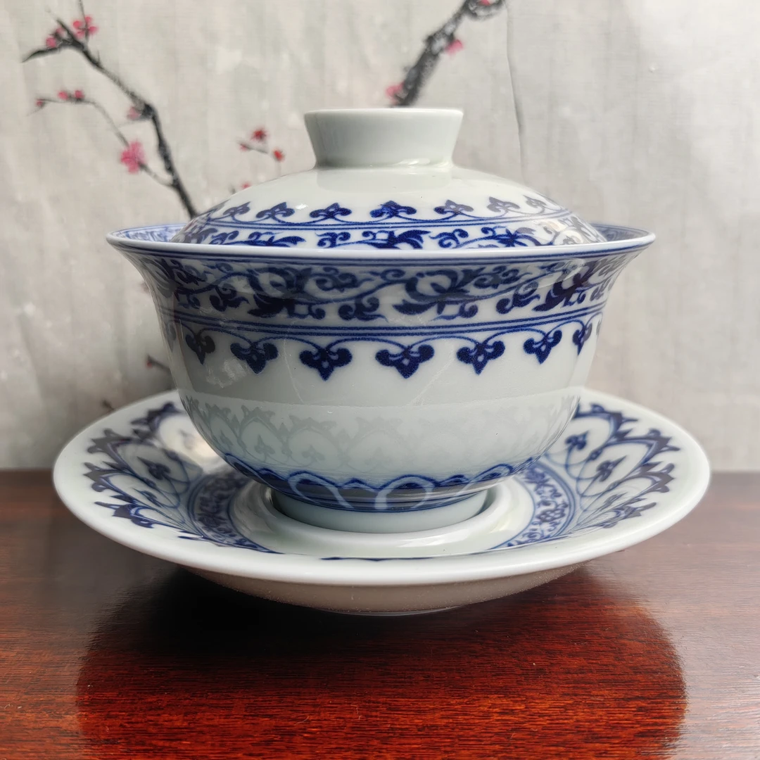 宝相花三才盖碗复古中式釉下彩陶瓷大盖碗功夫茶器大茶碗泡茶器