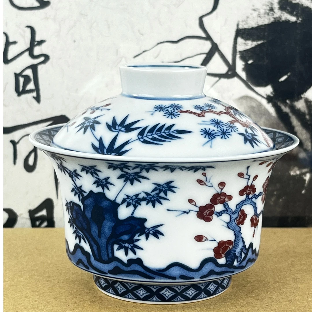 景德镇陶瓷青花釉里红松竹梅兰盖碗青花瓷可悬停家用高级茶具非遗