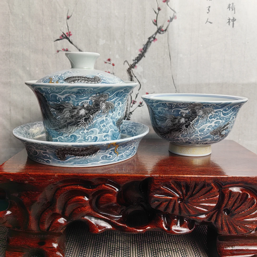 景德镇陶瓷龙纹墨龙复古中式大号盖碗套组家用主人杯高档茶具茶杯