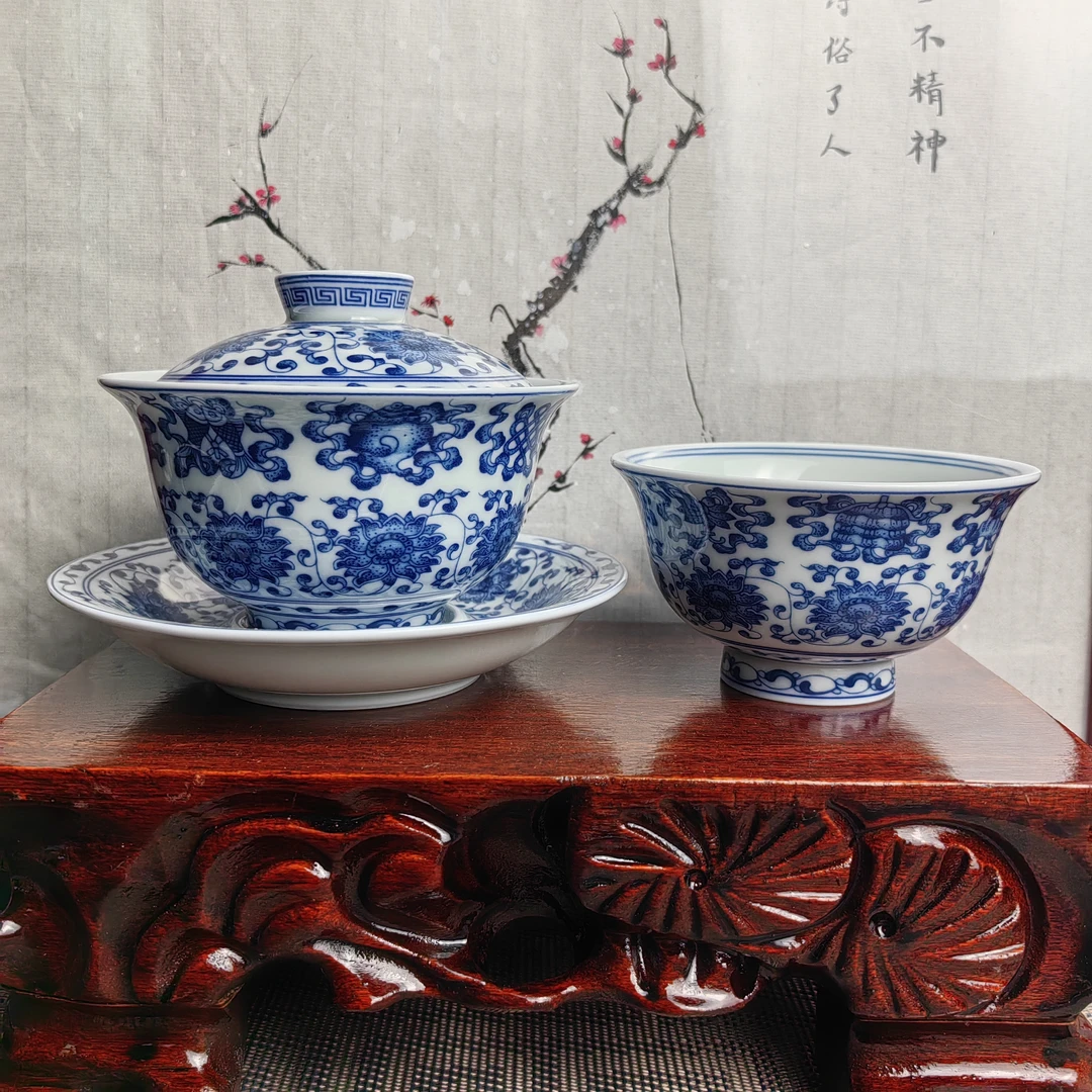 景德镇陶瓷青花瓷八宝缠枝莲茶杯盖碗瓷盖碗套组家用高级泡茶茶具